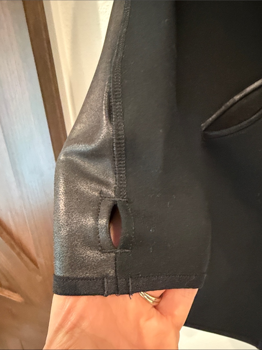SPANX Black Draped Open-Front Jacket with Faux Leather Sleeves - Picture 6 of 9
